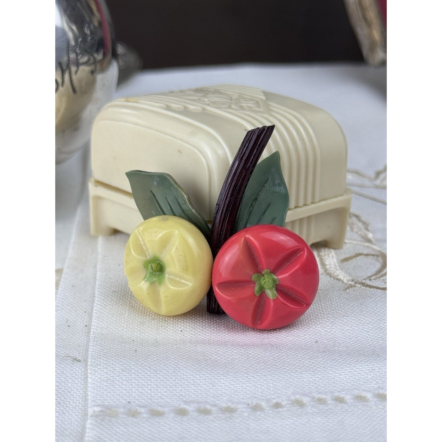 Plastic Fruit Brooch Pink Yellow Persimmon Figural Pin 2” Mid Century VINTAGE