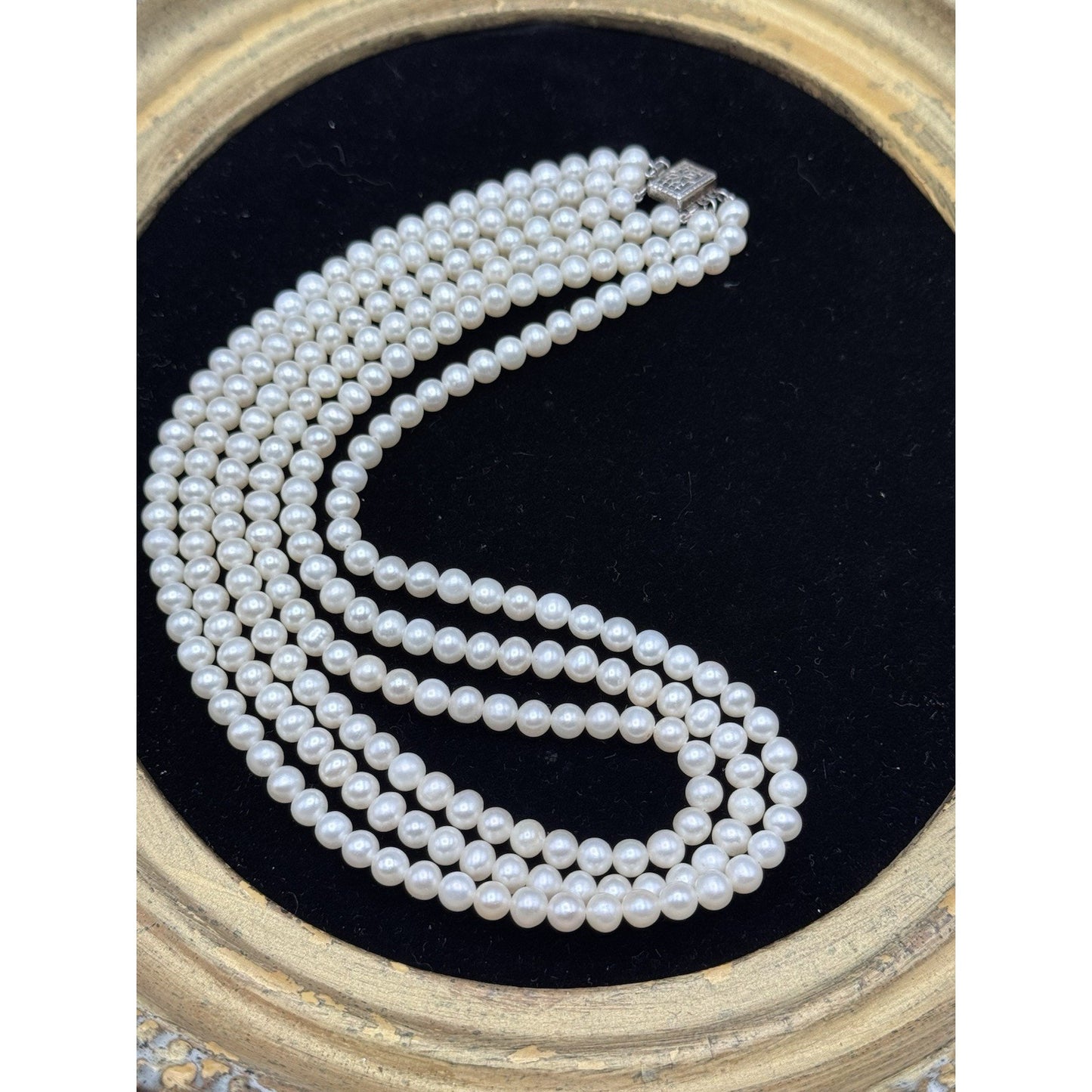 Vintage Cultured Pearl Necklace 3 Strand 16” White Pearls Silvertone Clasp