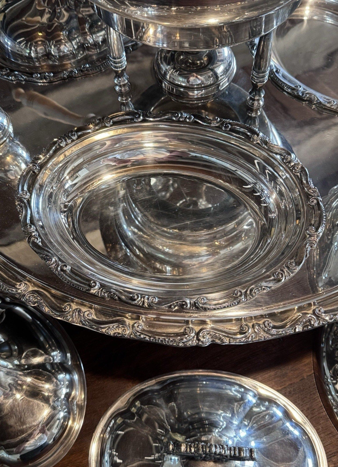 Silverplate Bain Marie Lazy Susan Server Chafing Dish 3 Covered Entree Set