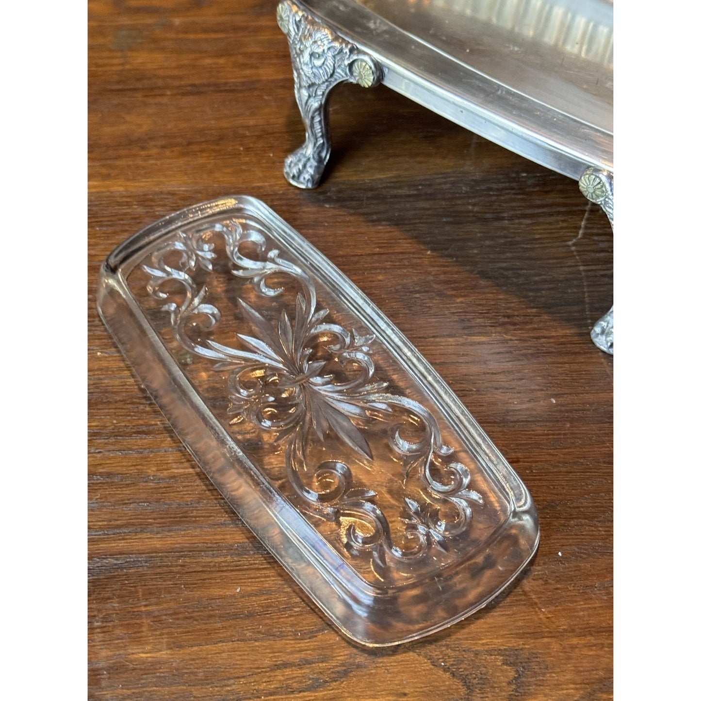 Silverplate Roll Top Butter Dish F B Rogers Silver Co Lion Feet 7.5”