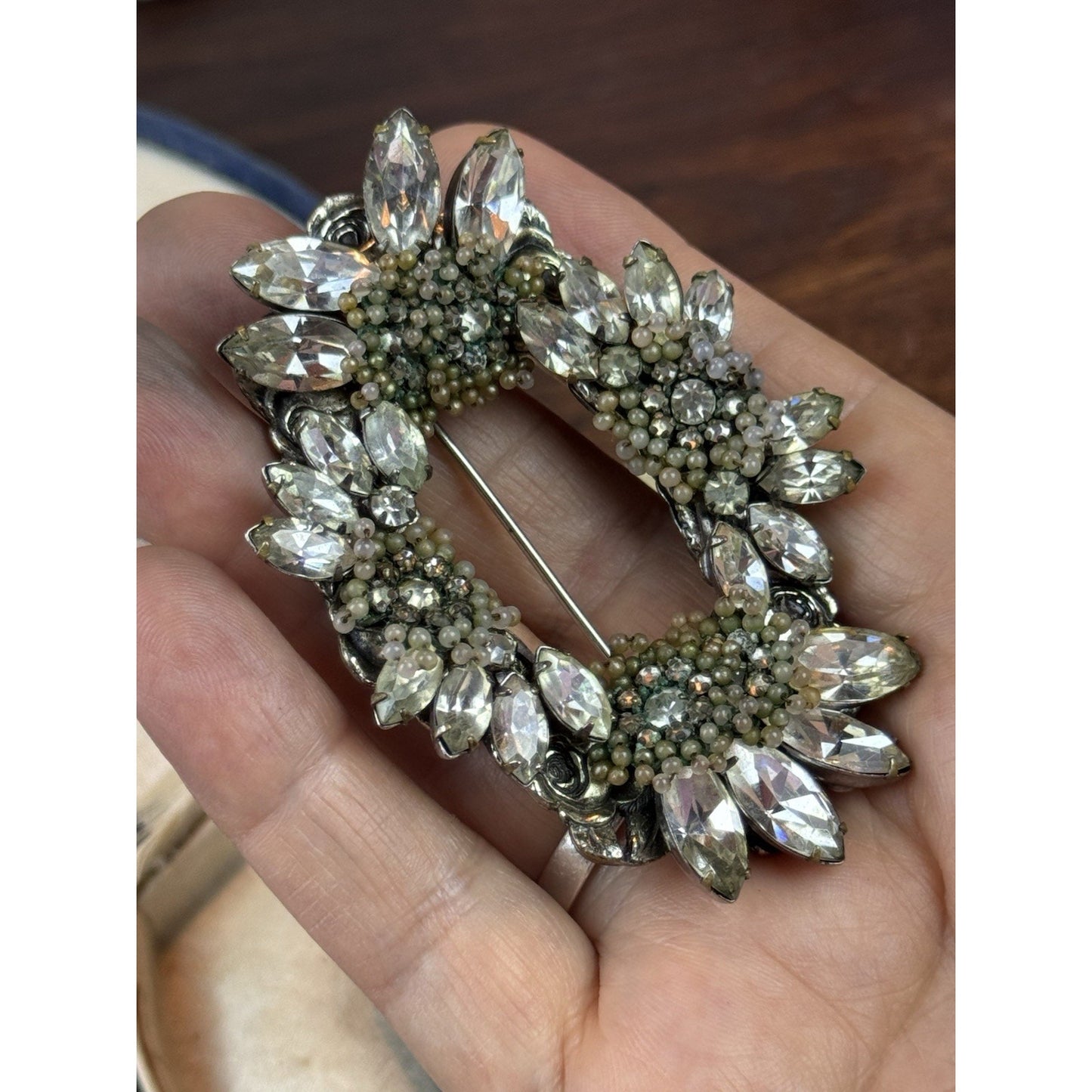 VTG Miriam Haskell Brooch Rhinestone Seed Pearl Floral Wreath Signed 3” READ‼️
