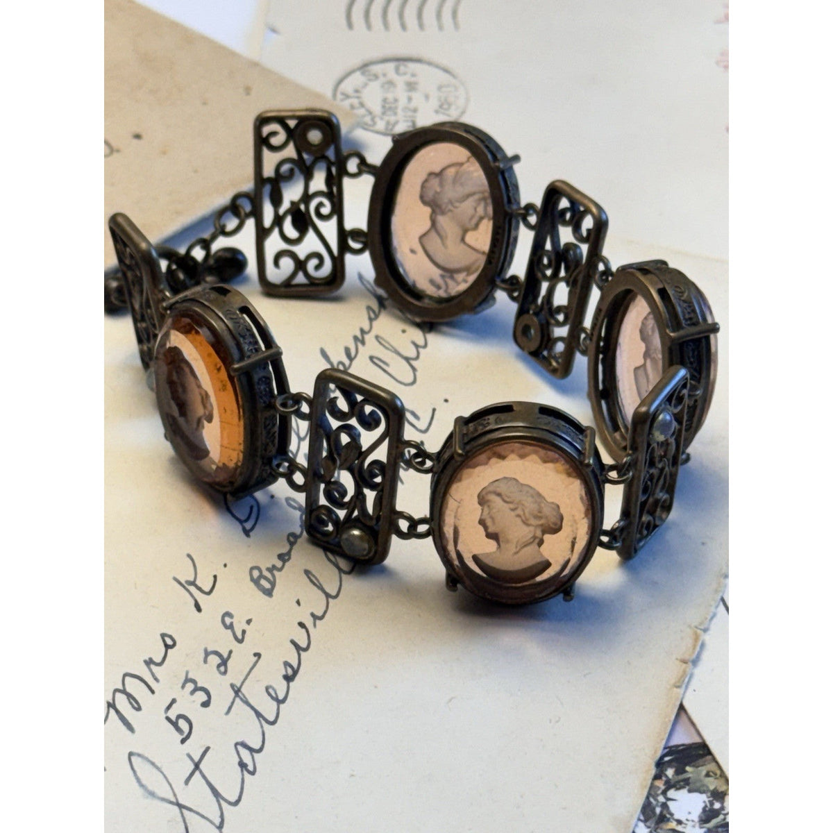 Pre-Owned Extasia Bracelet Pink Glass Intaglio Cameo Victorian Revival Filigree