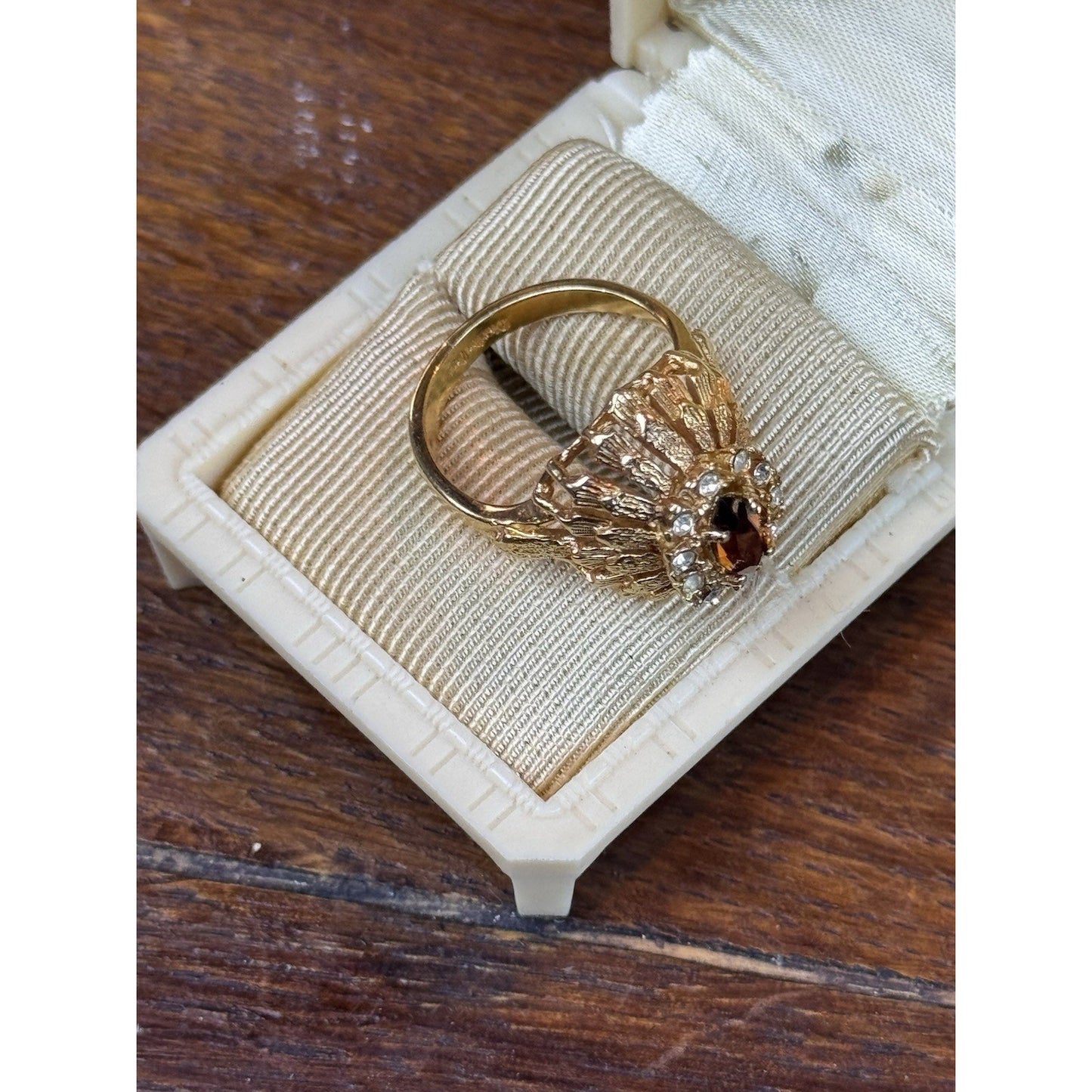 Cocktail Ring Size 8 Goldtone Brown Clear Rhinestone Statement Jewelry