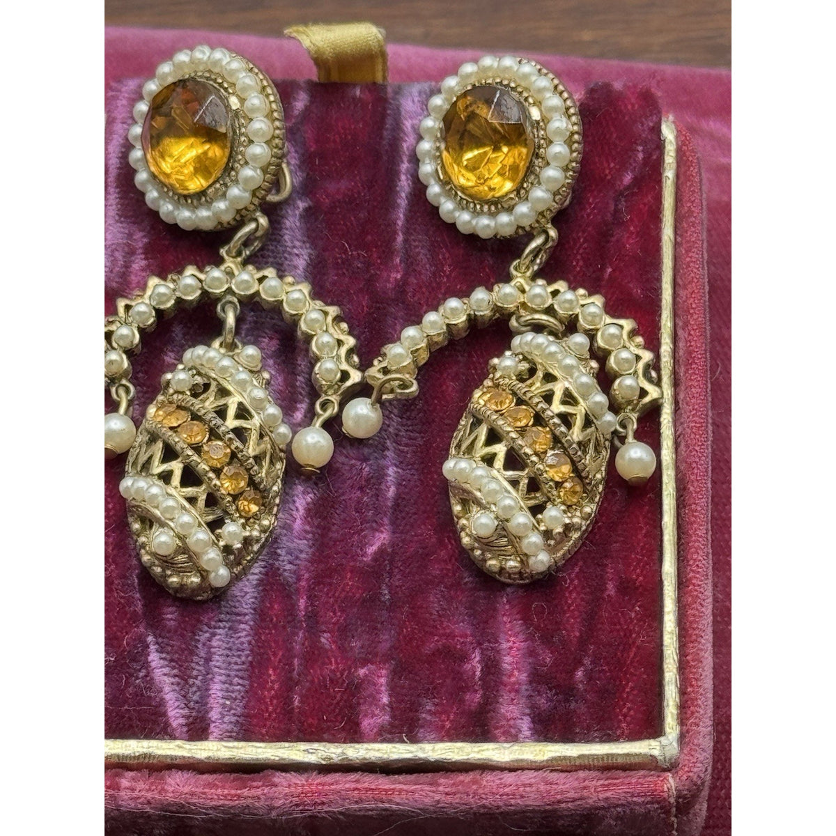 Vintage Clip-On Earrings Faux Pearl Amber Rhinestone Dangle Goldtone 2.5”