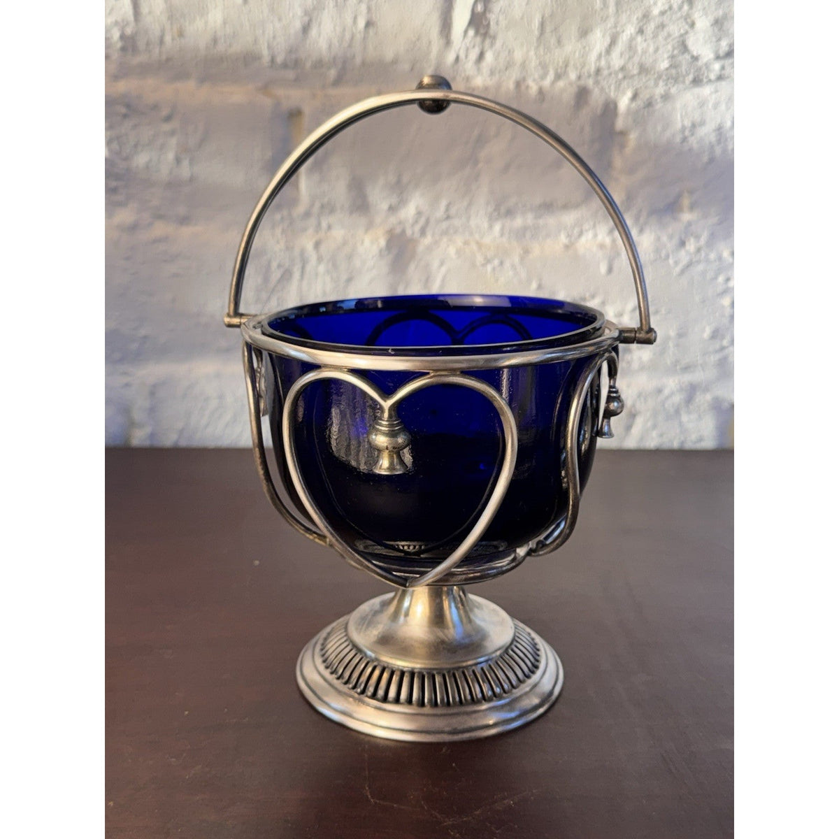 Vintage Bonbon Basket Cobalt Blue Glass Silverplate Heart Shapes Pedestal 7.5”