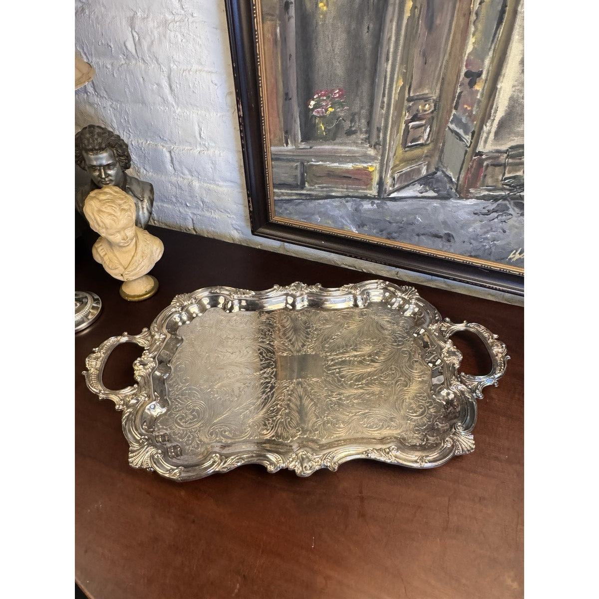 Silverplate Serving Tray Footed Handled Shell Motif Large Decorative