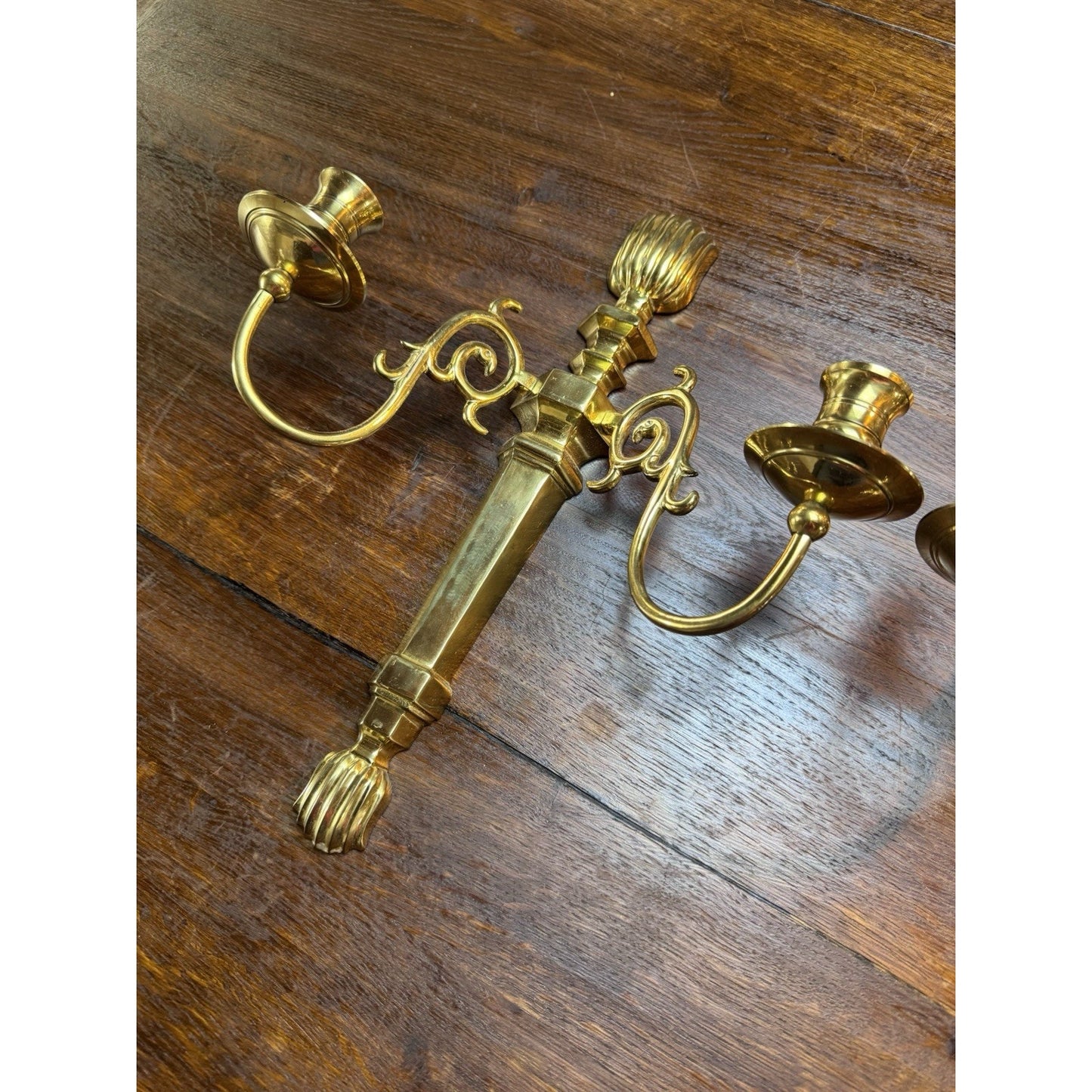 Pair Vintage Brass Wall Candle Sconces India Lacquered 2 Arm 15”