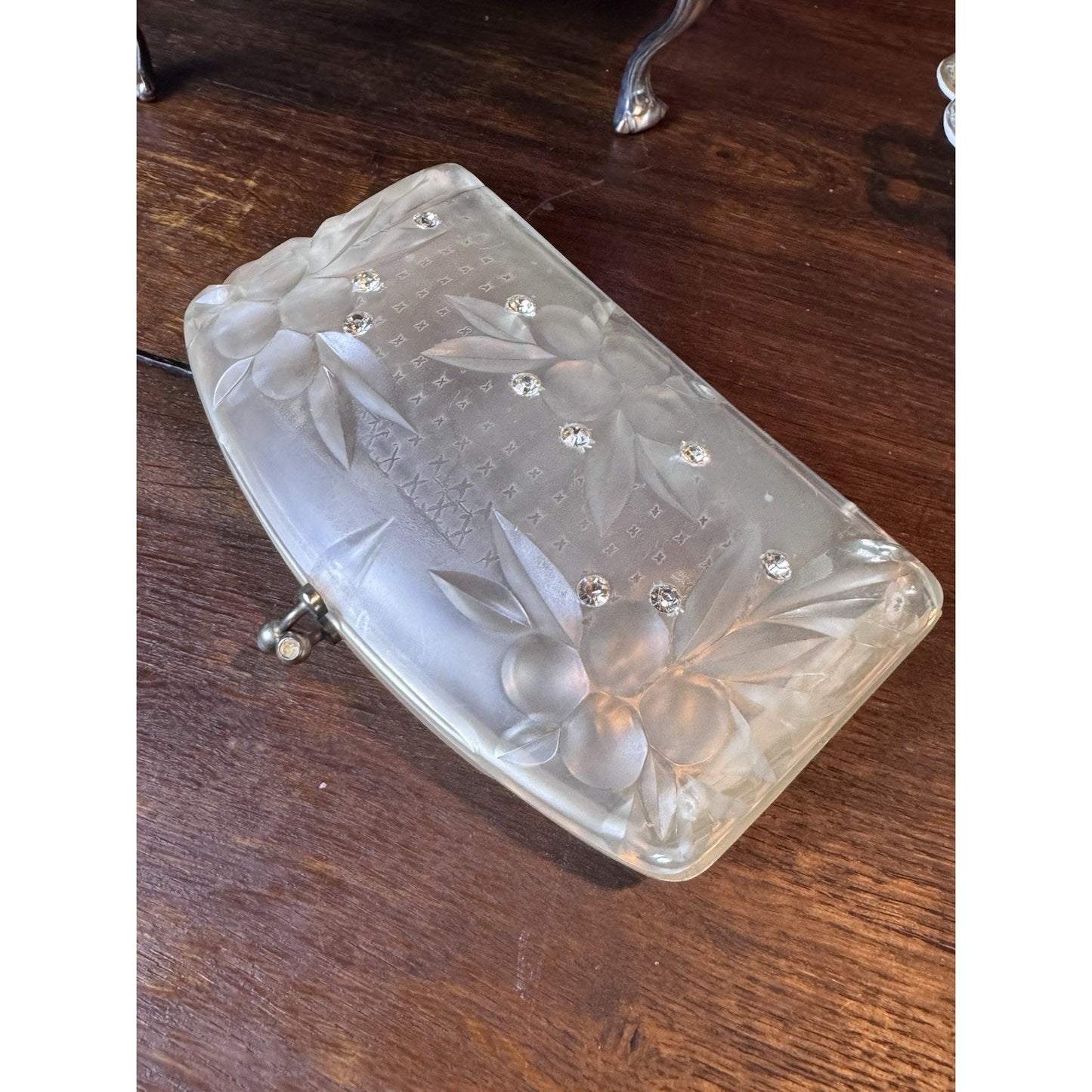 Vintage Lucite Rhinestone Clutch Purse Frosted Floral Clear Evening Handbag