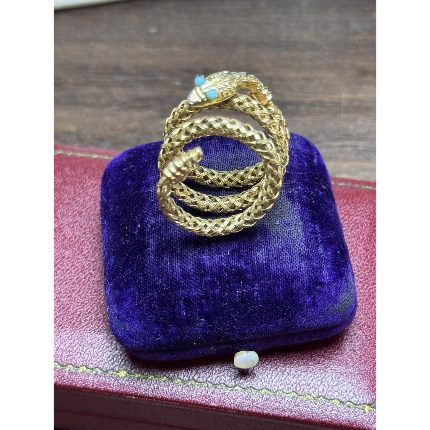 Vintage Goldtone Snake Wrap Ring Light Blue Eyes Woven Mesh Serpent Adjustable