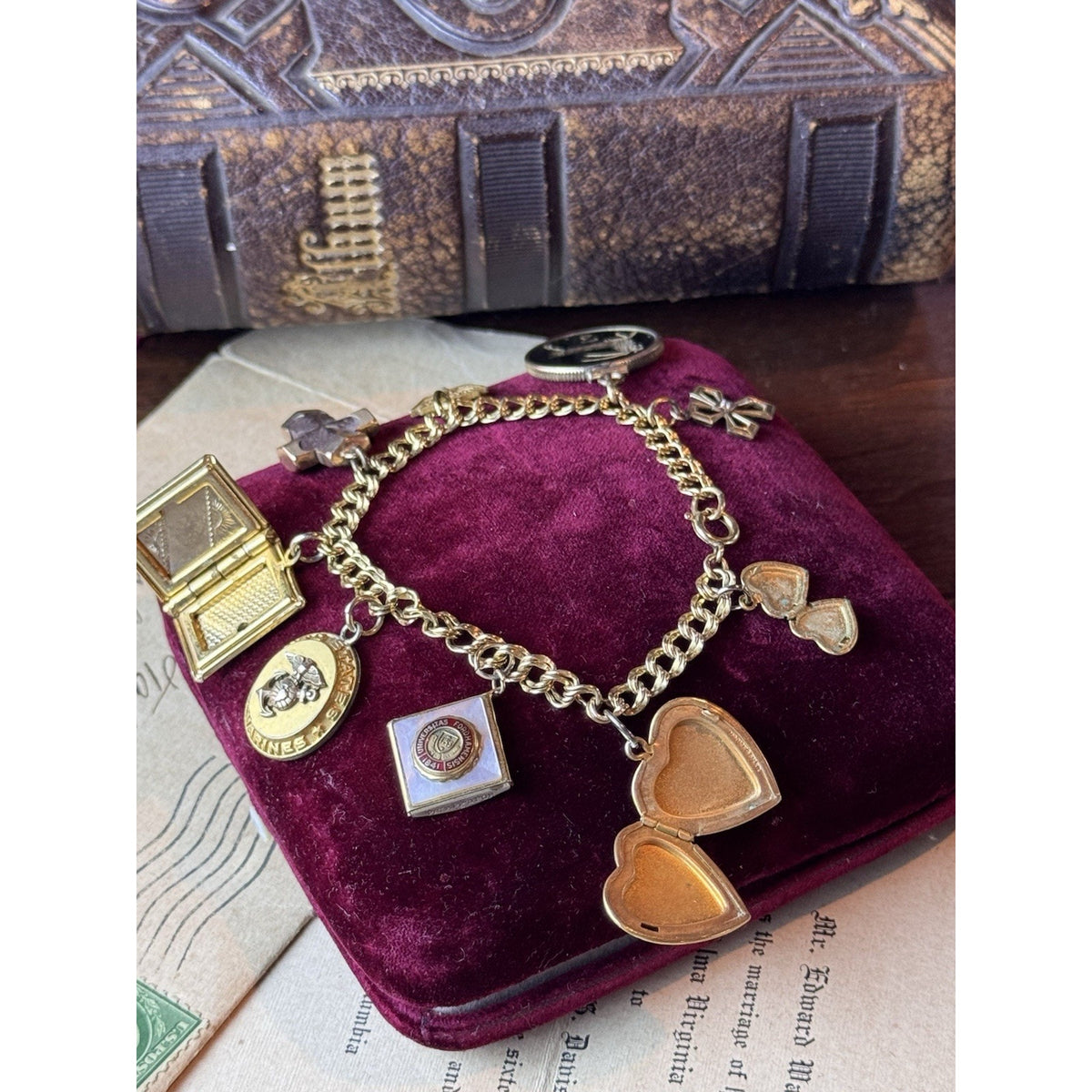 Gold-Filled Charm Bracelet 9 Charms Lockets Cross Marine Fordham 6.5”