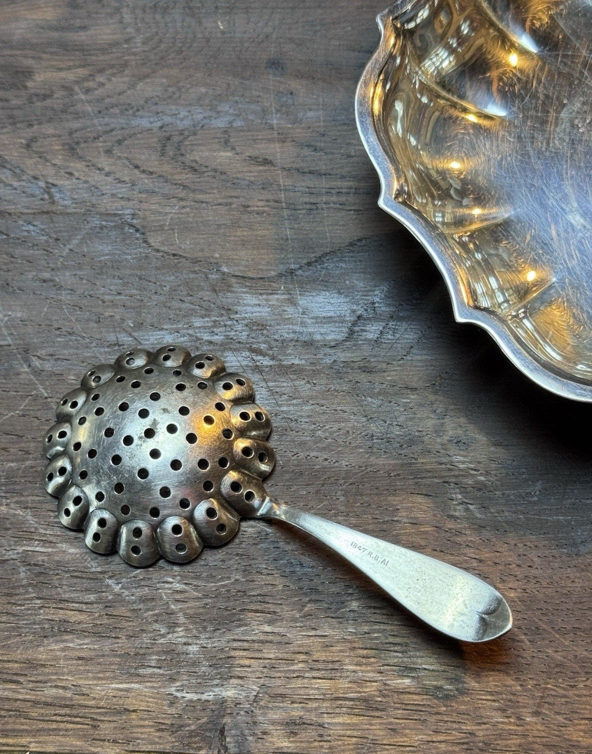Vintage Silverplate Mint Julep Strainer Spoon & Small Nut Dish
