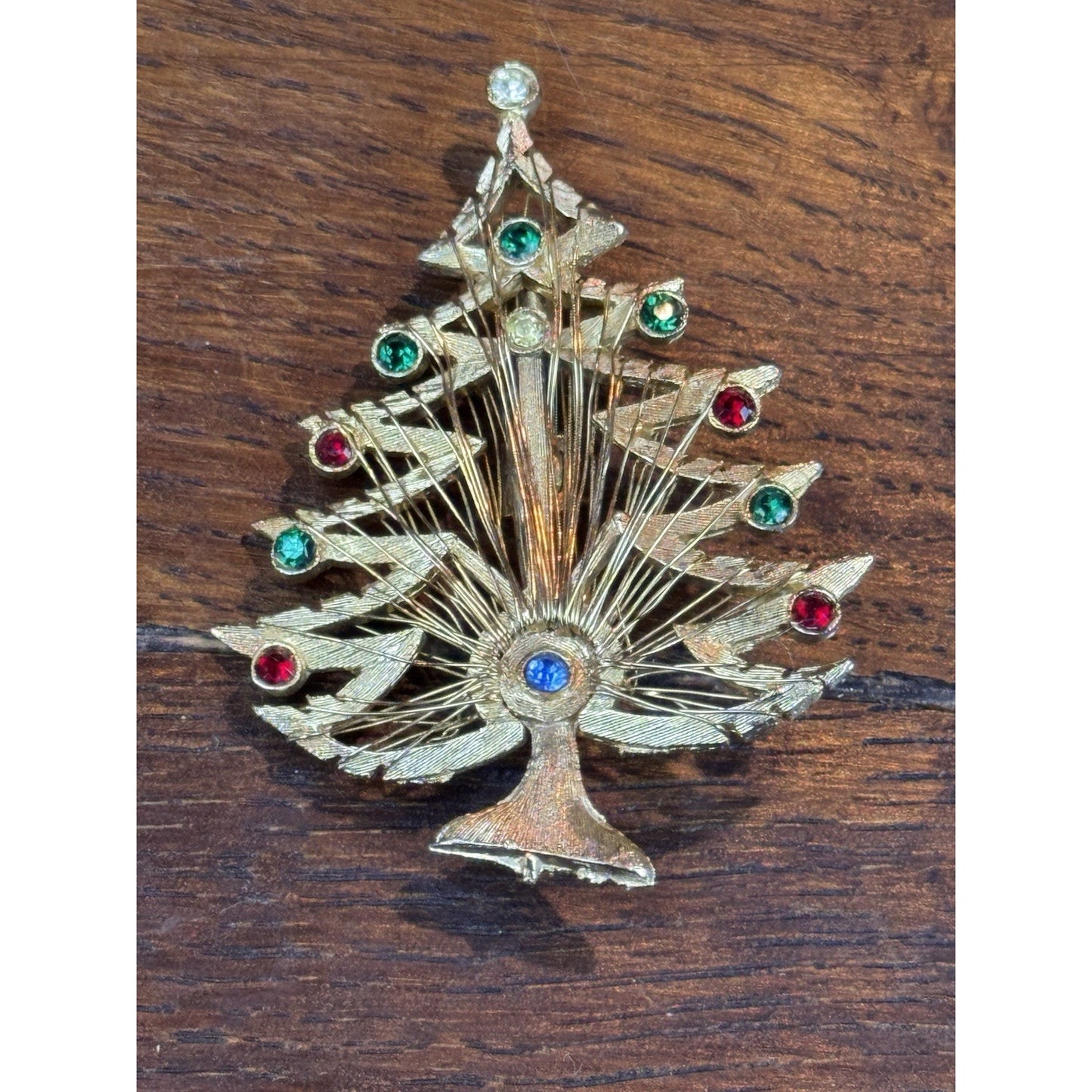 Vintage LJM Rhinestone Christmas Tree Brooch Goldtone Harp Wire Holiday Pin