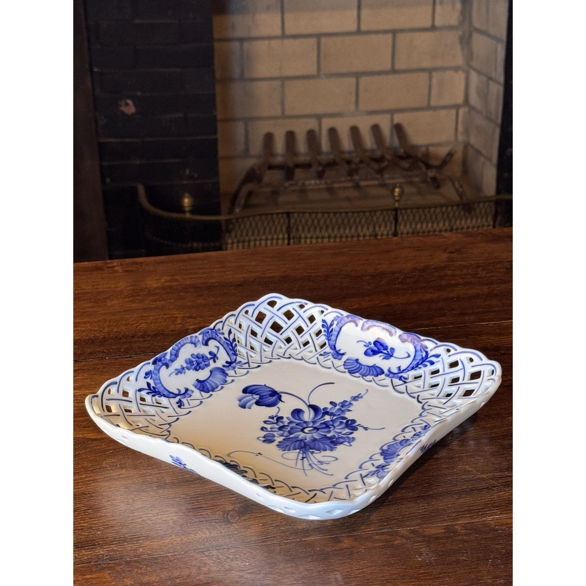Royal Copenhagen Porcelain Reticulated Blue White Square Bowl 9.25” VINTAGE