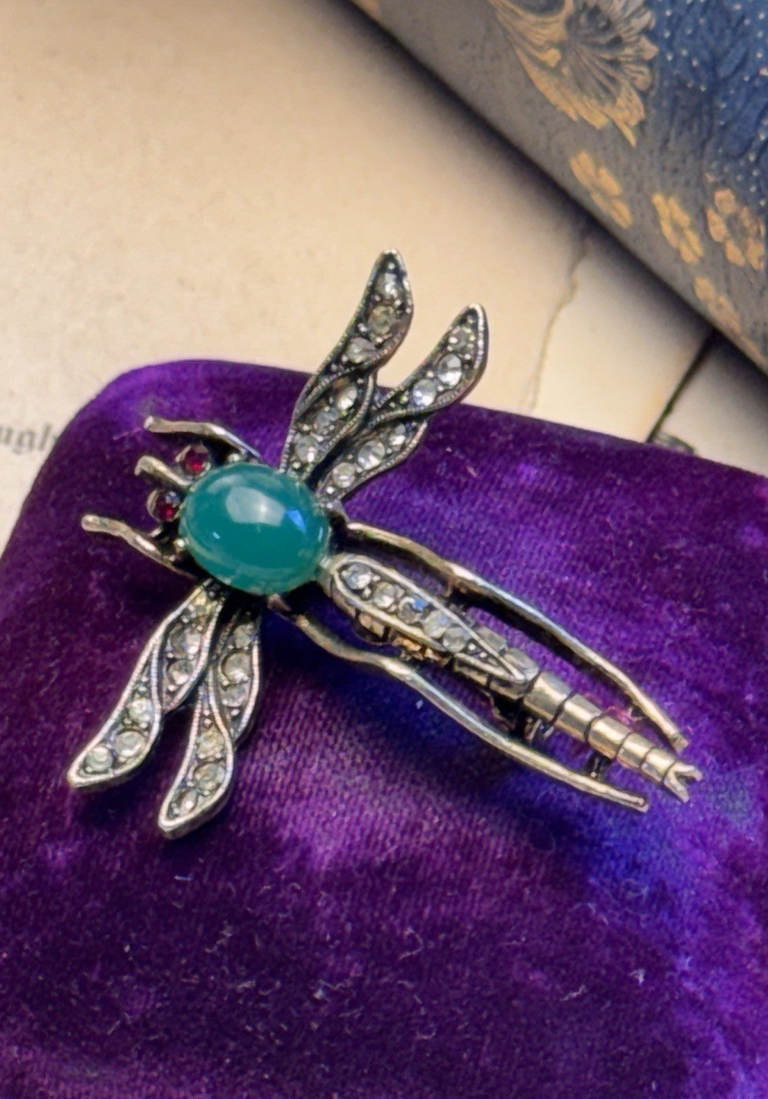 Dragonfly Brooch ART Signed Green Cabochon Rhinestone Goldtone Vintage Pin 1.75”