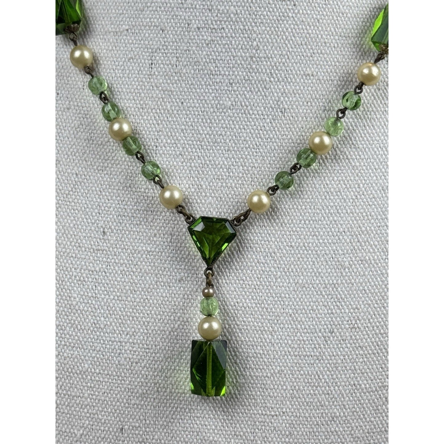 Vintage Czech Style Glass Necklace Green Crystal Faux Pearl Lavalier 17”