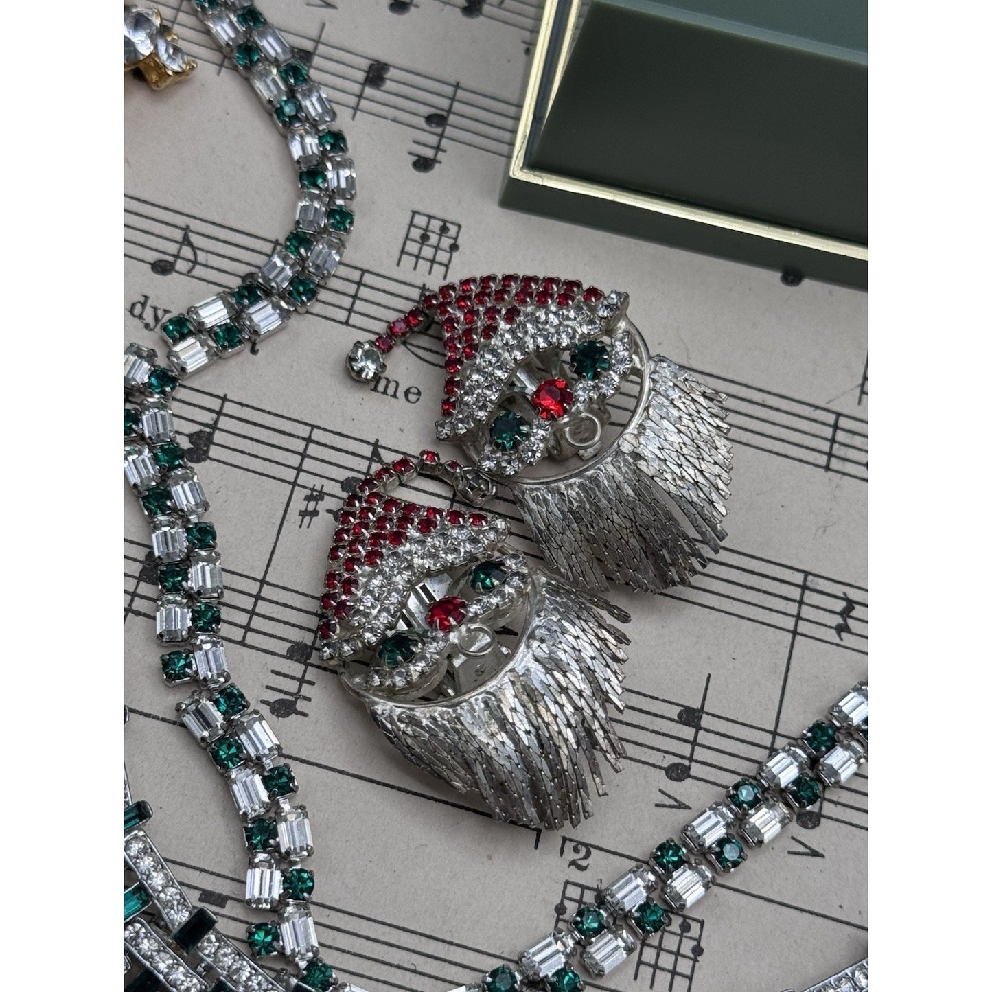 Vintage Santa Clip On Earrings Red Green Clear Rhinestone Fringe Beard