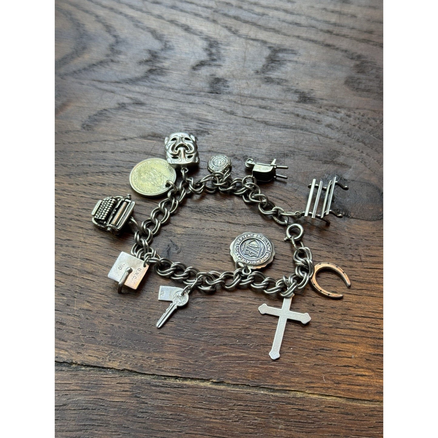 Sterling Silver Charm Bracelet 11 Charms Mechanical Typewriter 1960s 6.75”