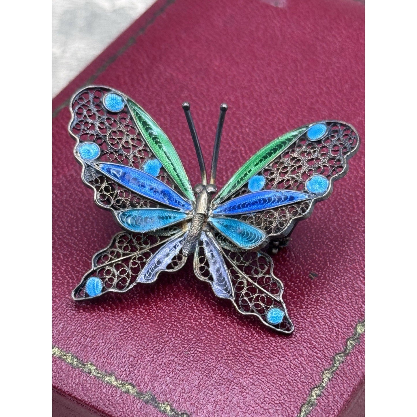 800 Silver Butterfly Brooch Filigree Enamel Blue Green 1.75” Estate VINTAGE