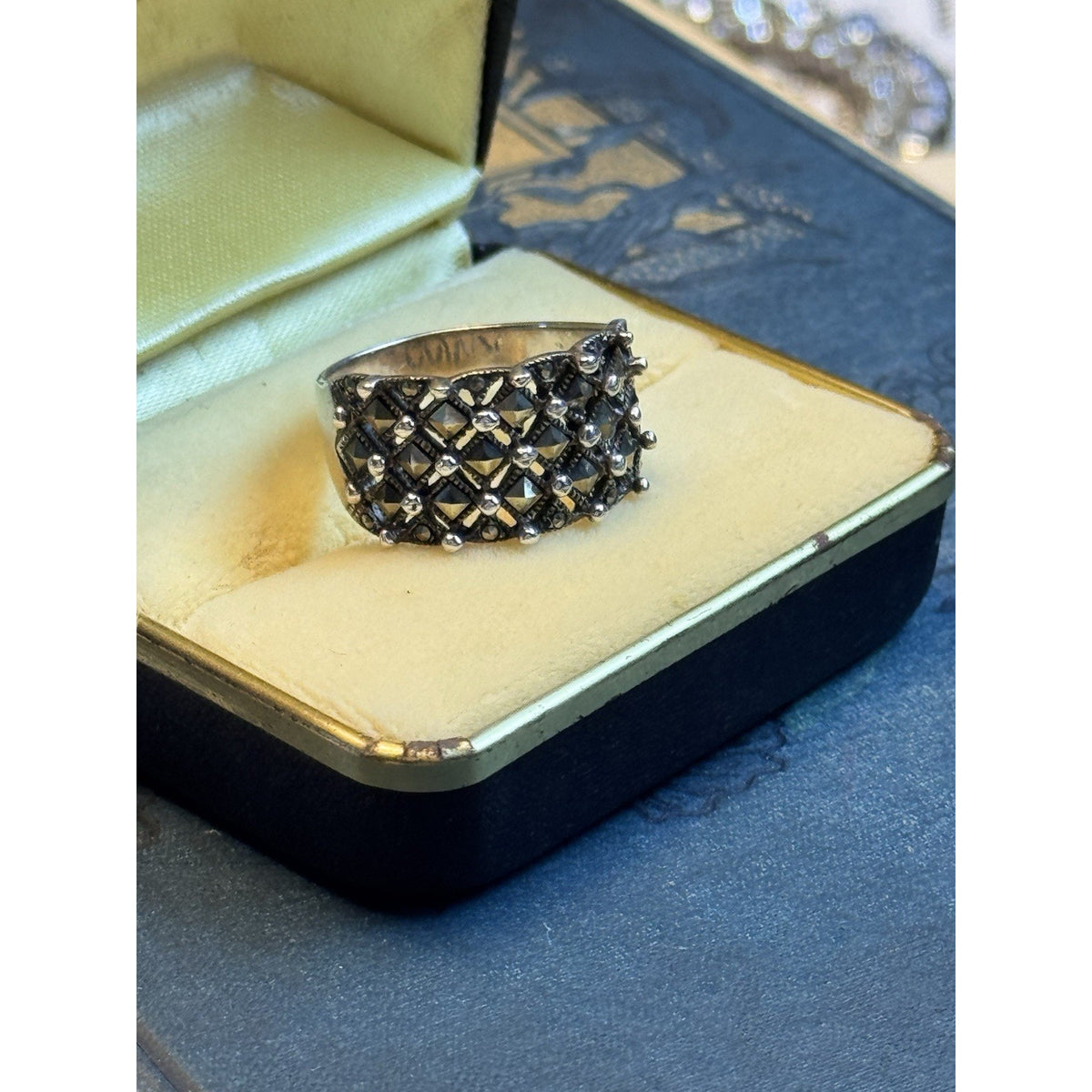 Sterling Silver Marcasite Ring Lattice Wide Band Signed 925 Thai Size 9.75 0.5”