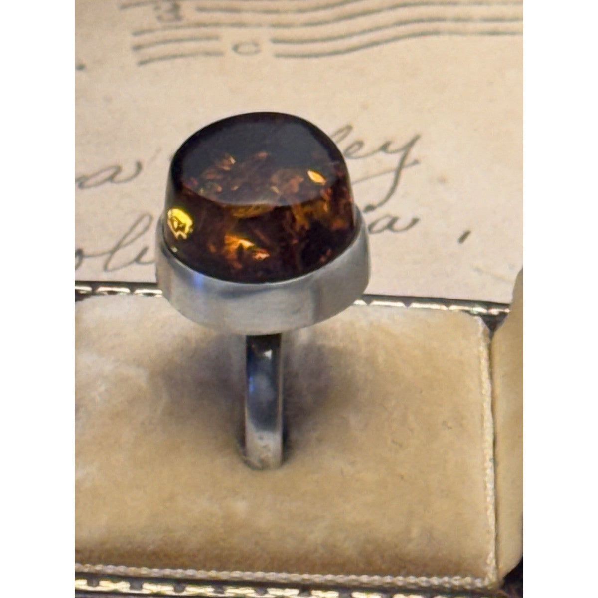 Artisan Amber Ring Tested Silver Modernist Statement Jewelry Size 8.5