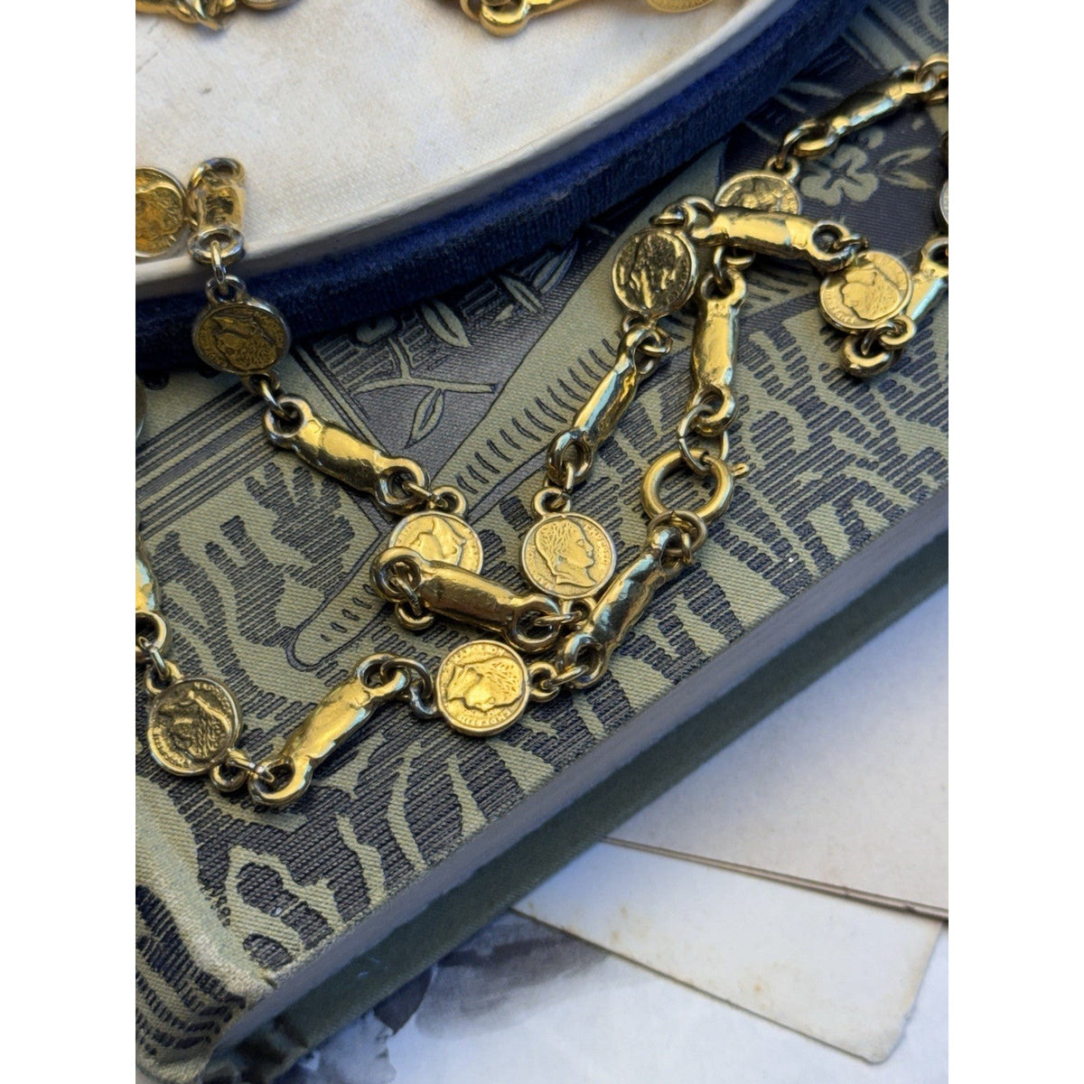 Goldtone Necklace Napoleon Coin Bar Link Chain Vintage Long Layering Sautoir 62”