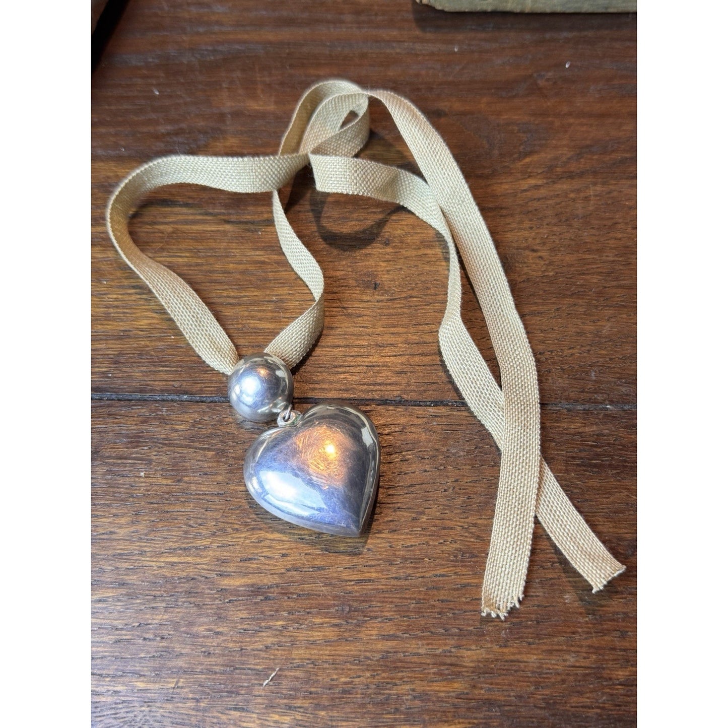 Vintage Sterling Silver 925 Puffy Heart Pendant Necklace 27” Ribbon 2.5”