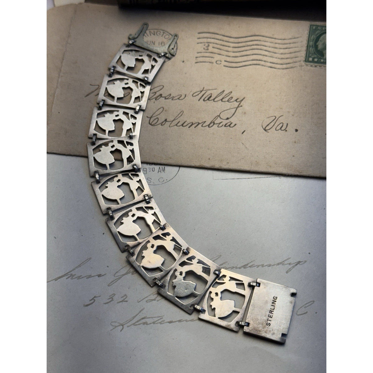 Vintage Sterling Silver Kissing Couple Bracelet Romantic Love Story Panel 6.75”