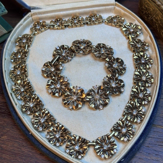 Trifari Four Leaf Clover Necklace Bracelet Set Rhinestone Goldtone 1949