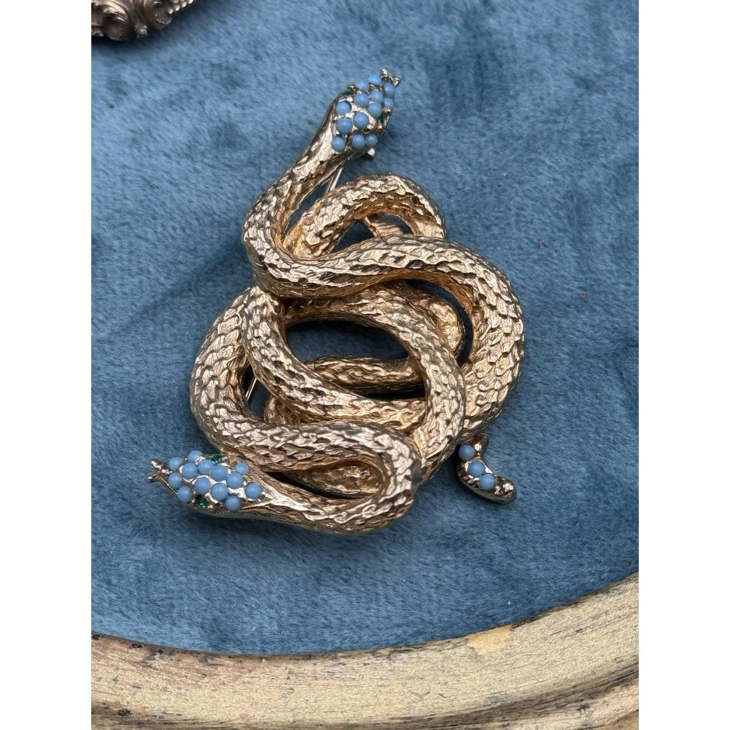 Les Bernard Snake Brooch Goldtone Serpent Blue Cabochon 2” Signed Inc Vintage