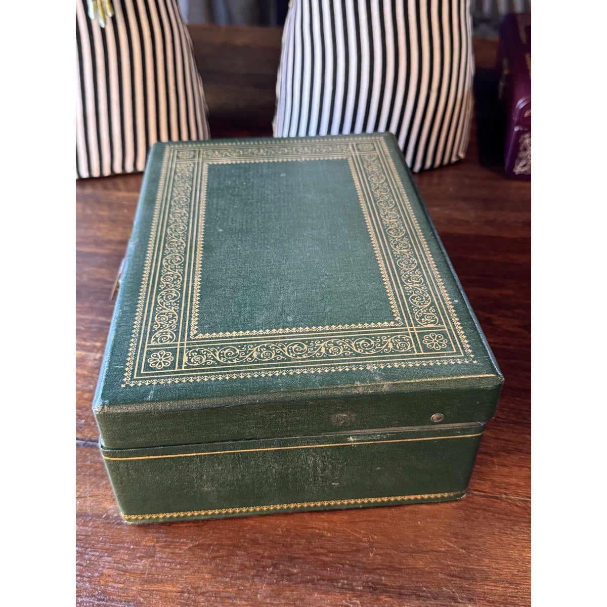 Vintage Green Jewelry Box Gold Scrollwork Pink Velvet Swing Trays 10.25”