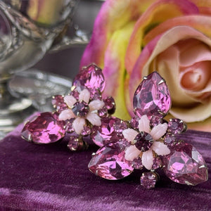 Vintage Earrings Pink Rhinestone & Molded Glass Floral Clip-On