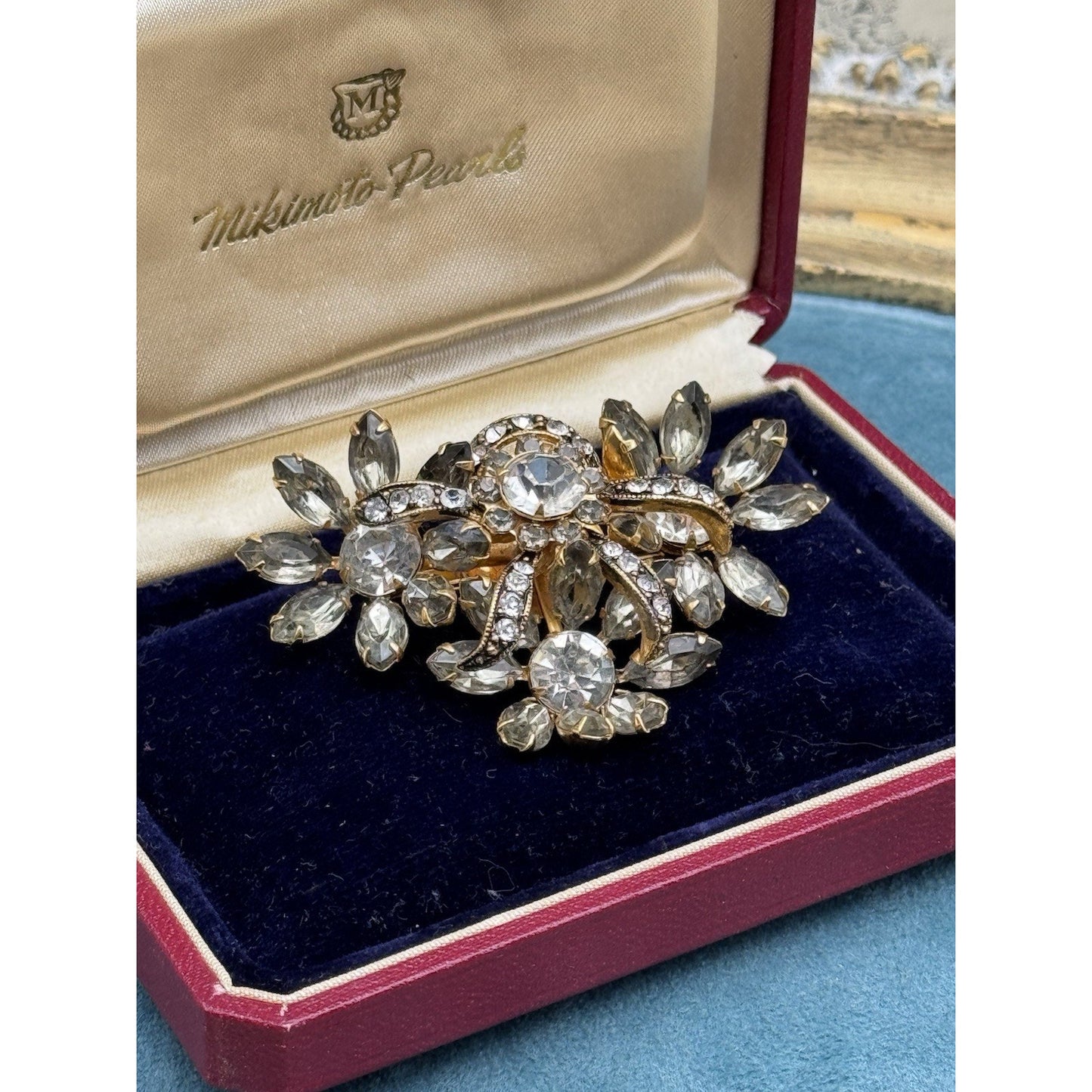 Vintage Brooch Rhinestone Goldtone Gray Clear Floral Spray 2 3/8” Estate