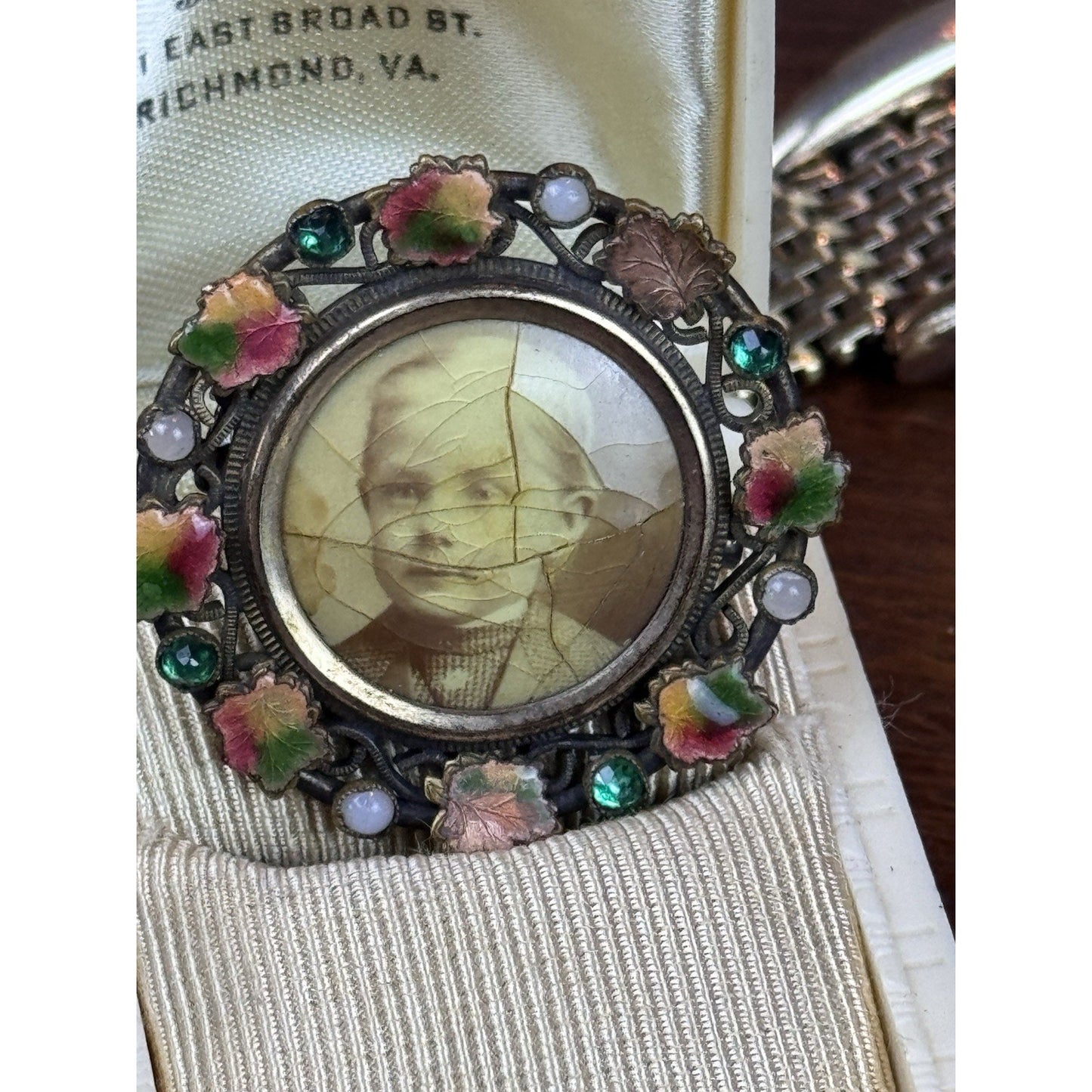 Antique Photo Button Converted Brooch Enamel Rhinestones 1.25” Round