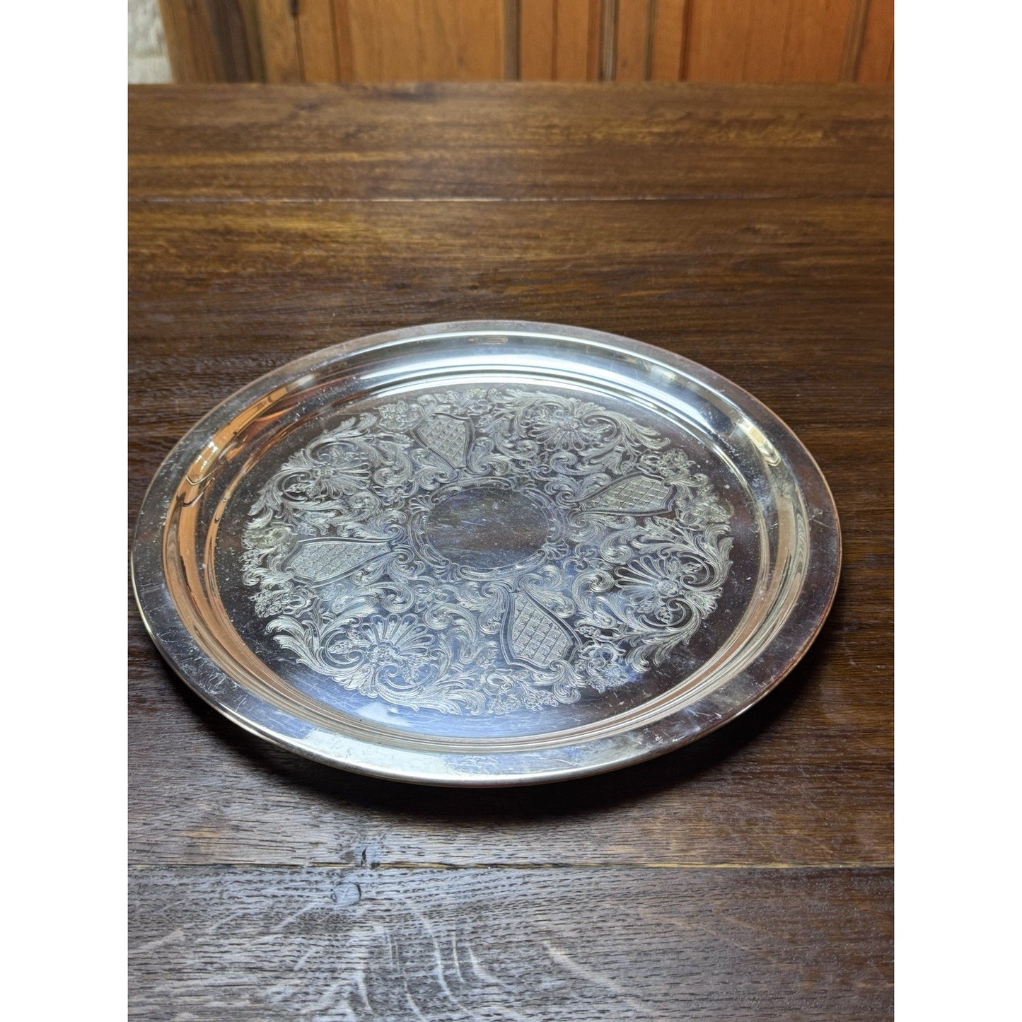 Vintage Silverplate Round Serving Tray 12” Ornate Floral Engraved Platter