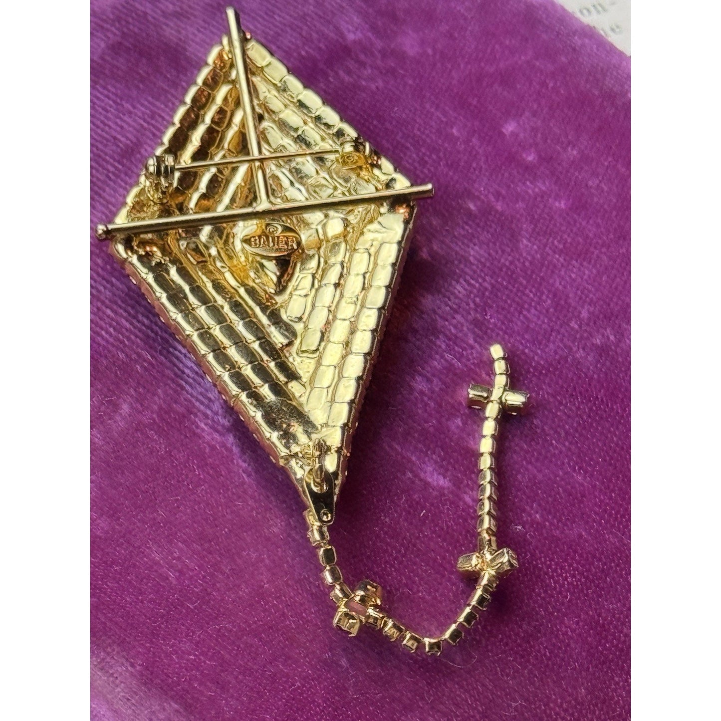 Vintage Kite Brooch BAUER Pink Rhinestone Goldtone Dangle 2.75” x 1.5”