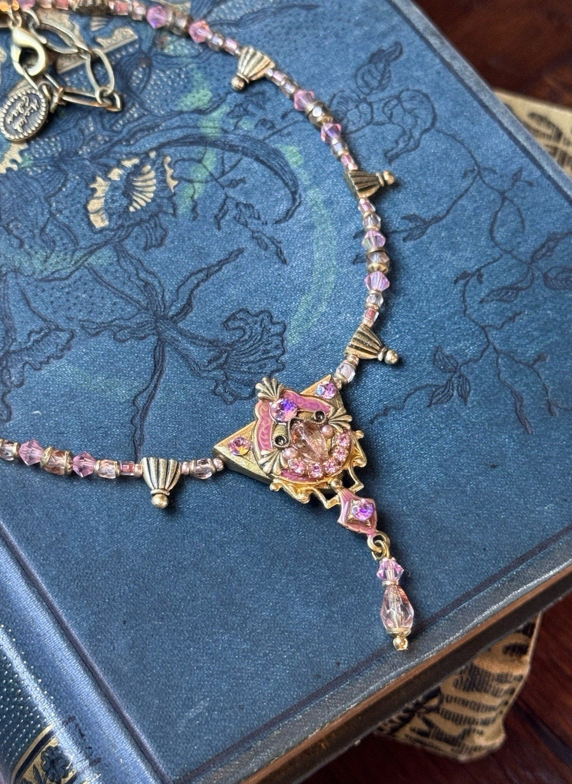 Michal Golan Necklace Earring Set Pink Rhinestone Beaded Goldtone Vintage 19”