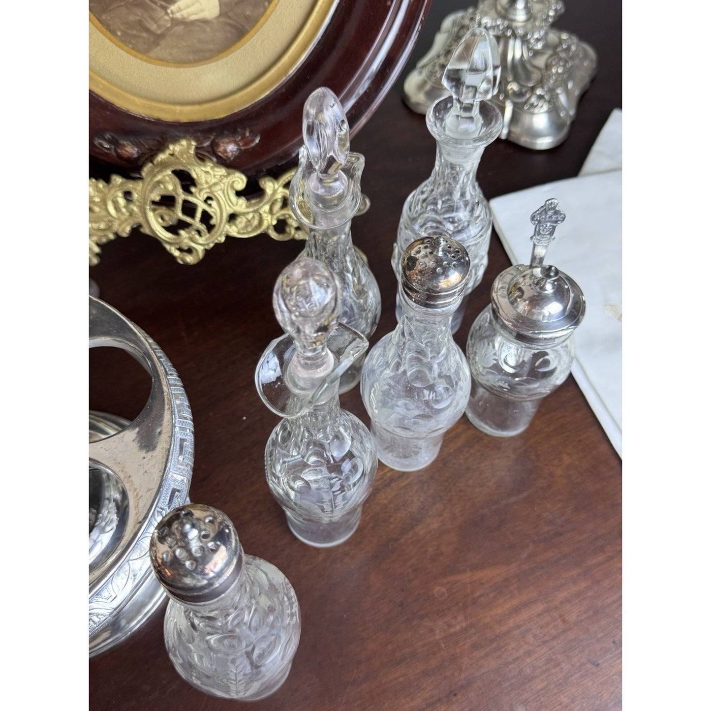 Antique Rogers Smith Silverplate Cruet Set Etched Glass 6 Bottles 13.5” Tall