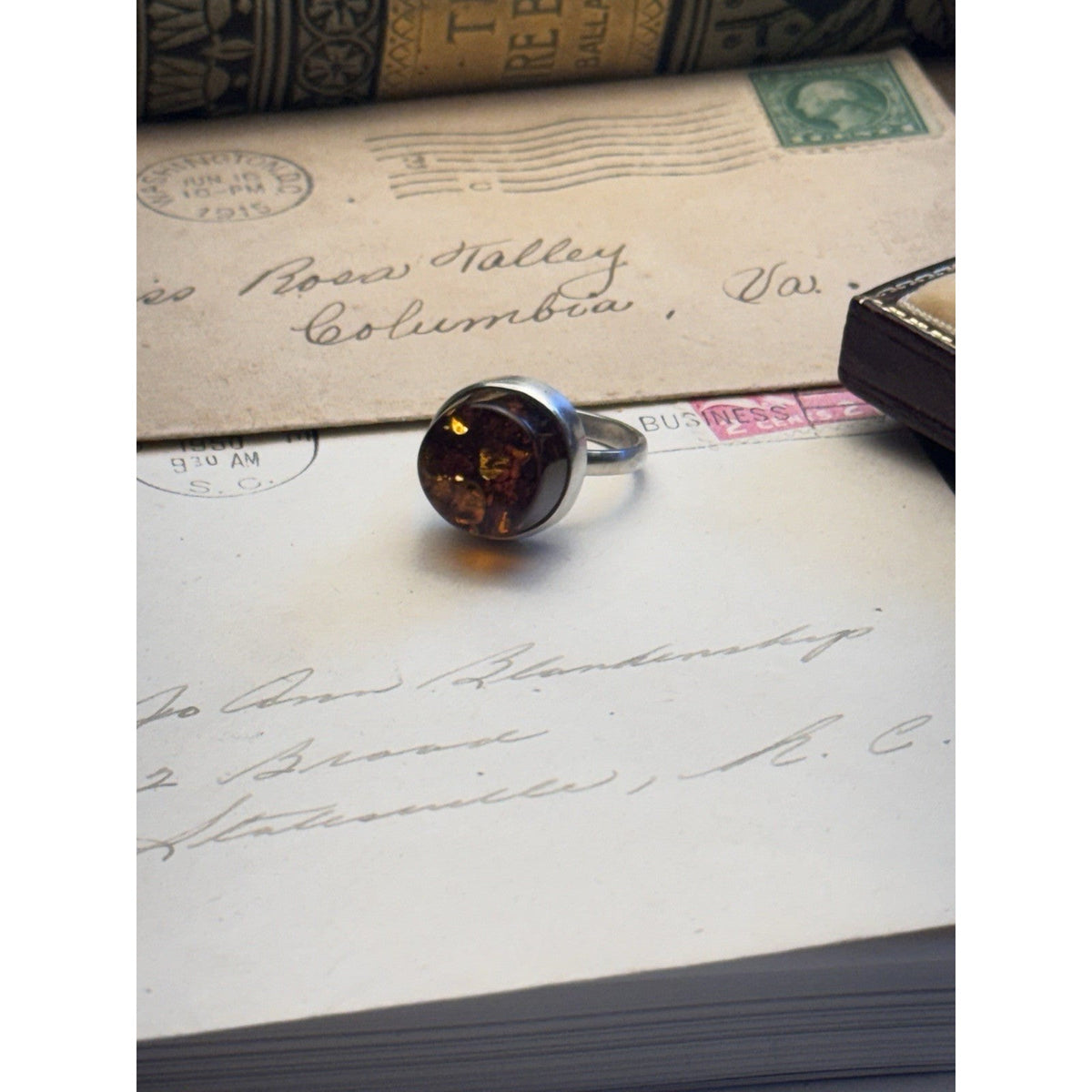 Artisan Amber Ring Tested Silver Modernist Statement Jewelry Size 8.5