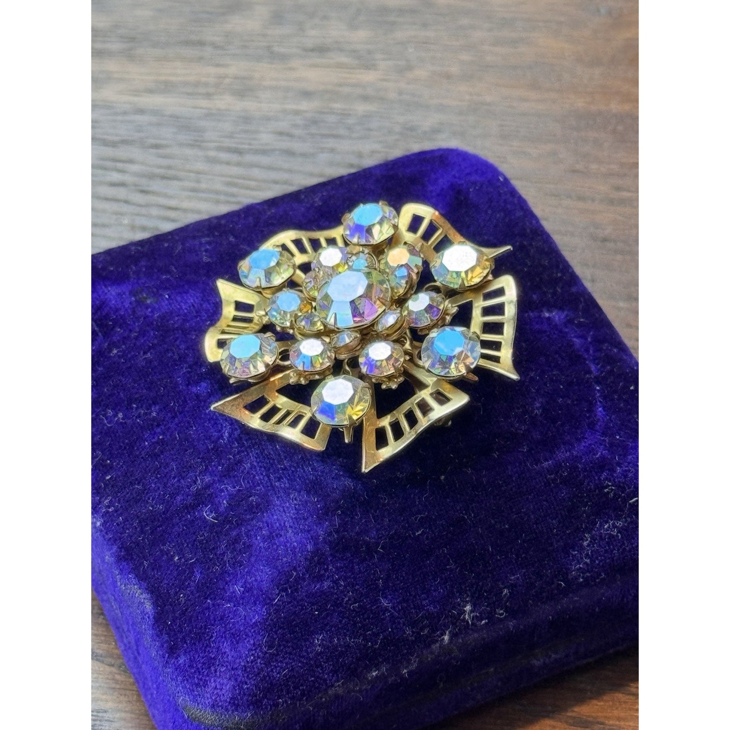 Vintage AB Rhinestone Brooch Goldtone Atomic Starburst 2”