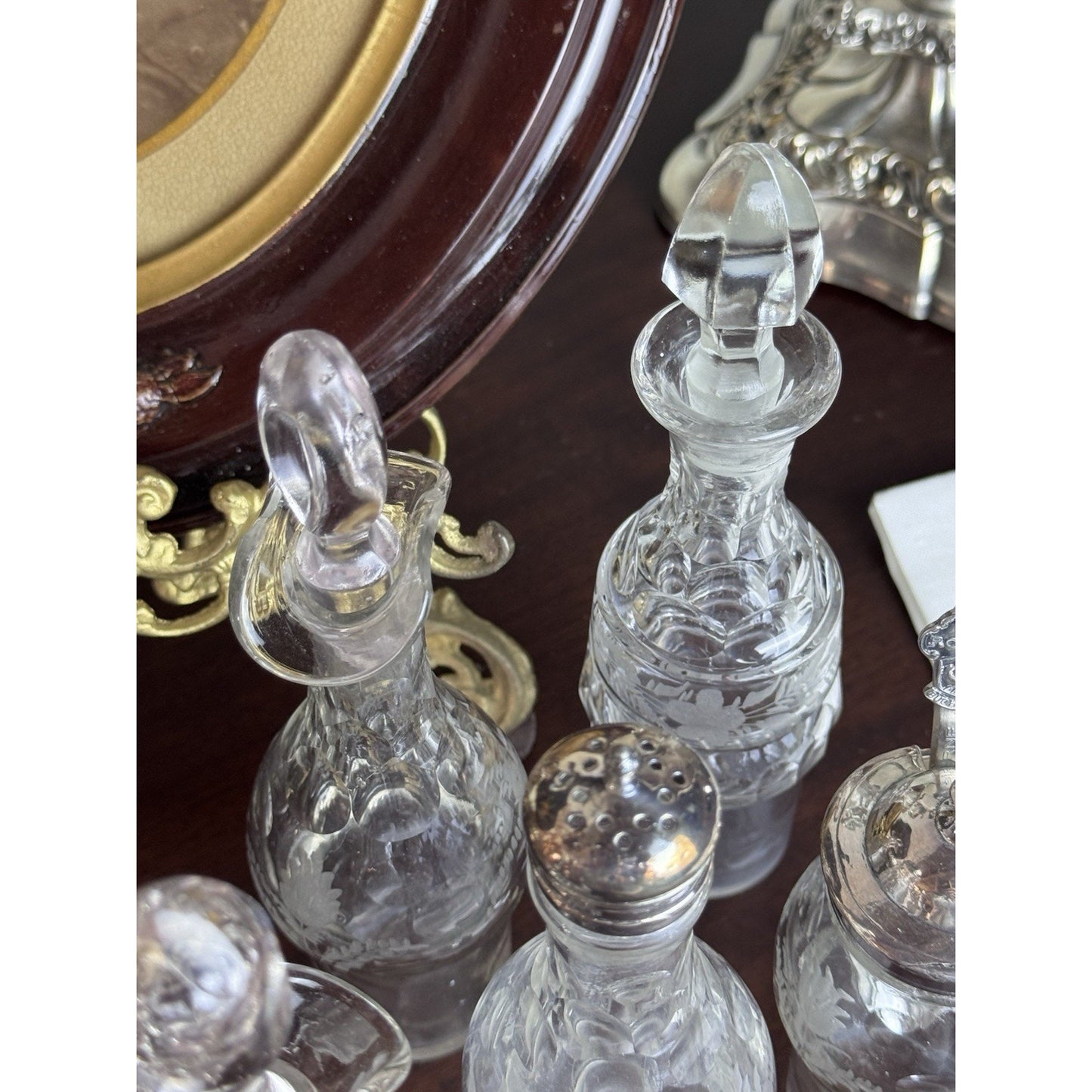Antique Rogers Smith Silverplate Cruet Set Etched Glass 6 Bottles 13.5” Tall