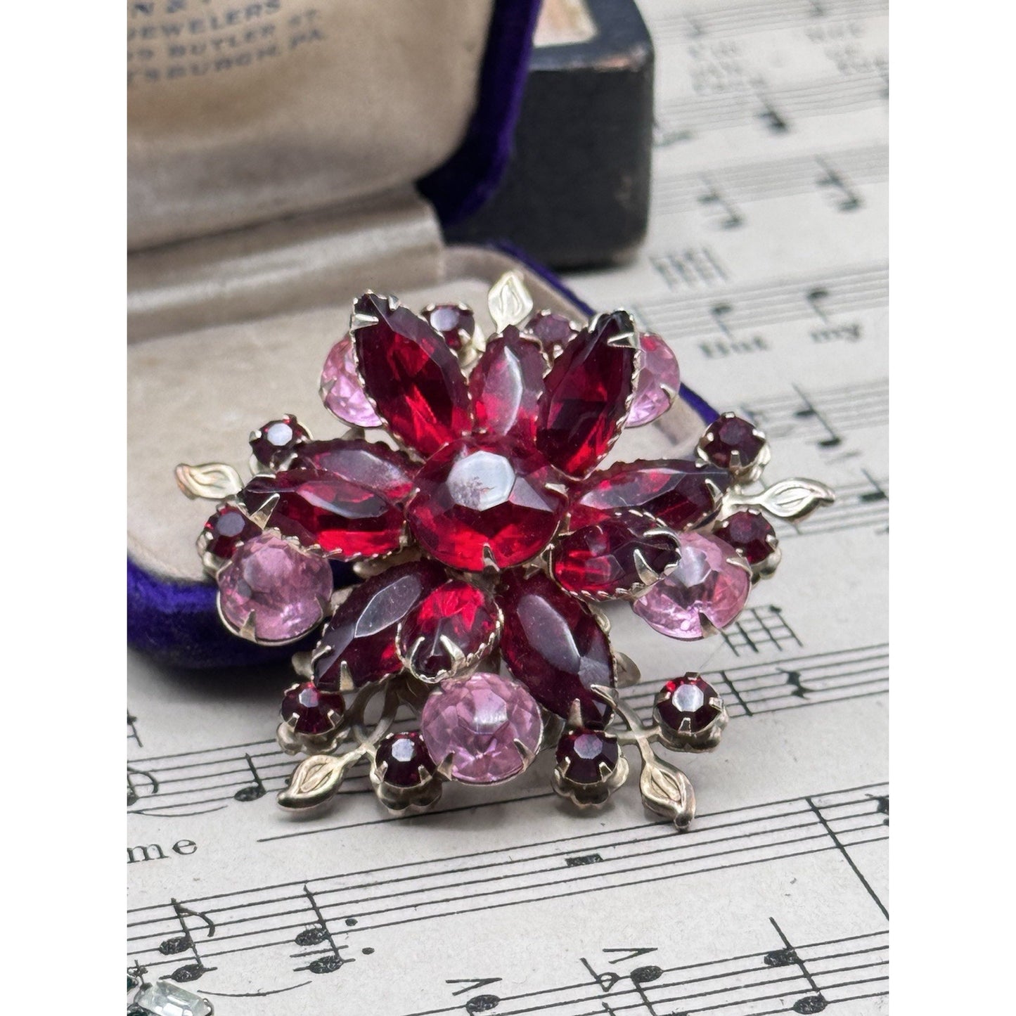 Vintage Red Pink Rhinestone Floral Brooch Silvertone Layered Flower Pin 2”
