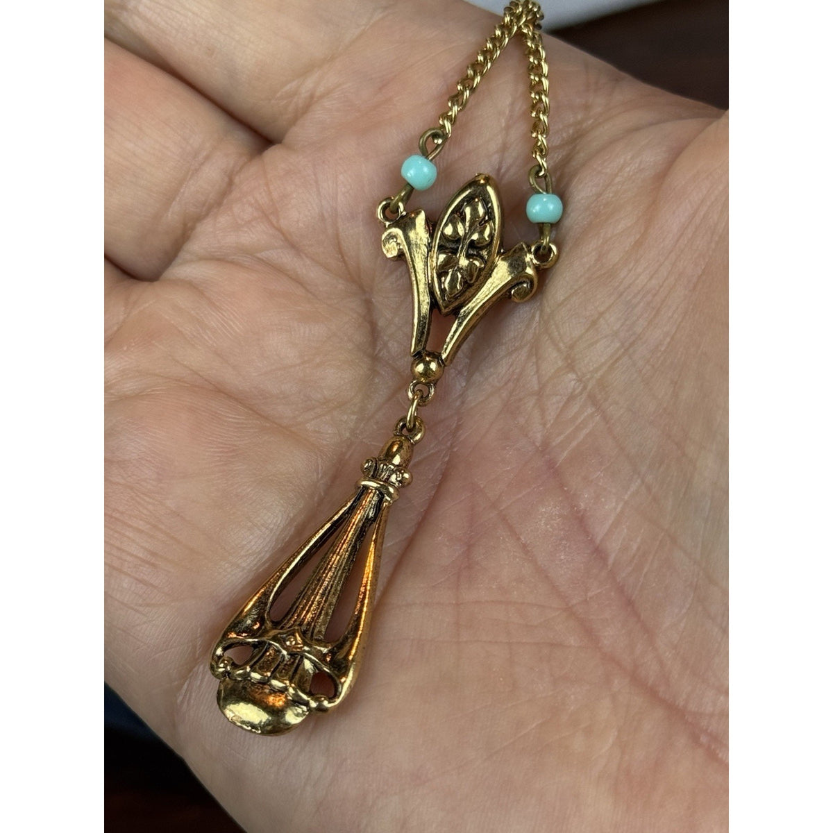 Vintage ART Lavalier Necklace Goldtone Turquoise Blue Beads 16” Signed Pendant
