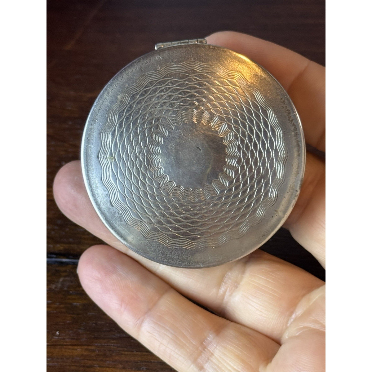 Antique Compact Norida 1924 Silvertone Powder Mirror Sifter Puff USA 2” EMPTY