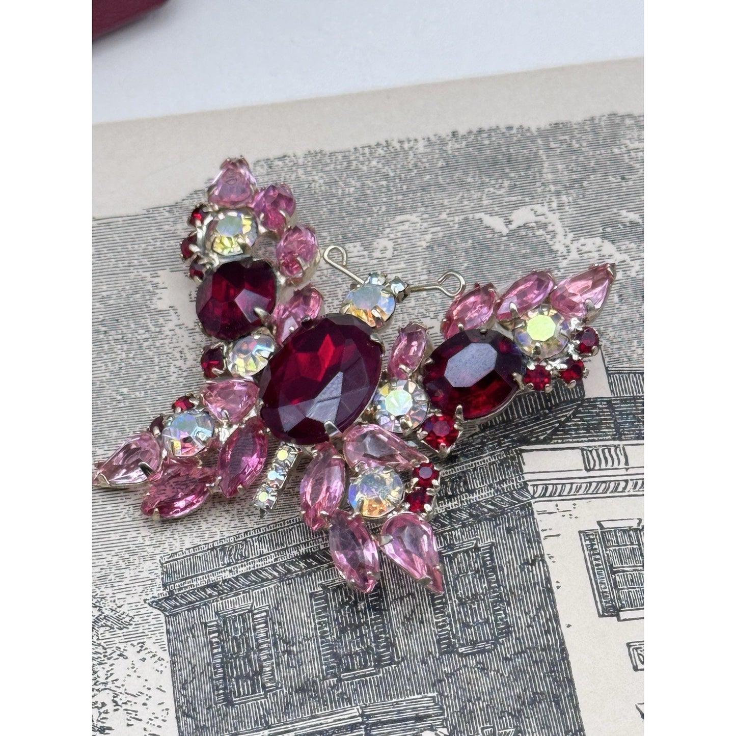 Vintage Butterfly Brooch Pink Red Rhinestone AB Crystal Goldtone Figural 2”