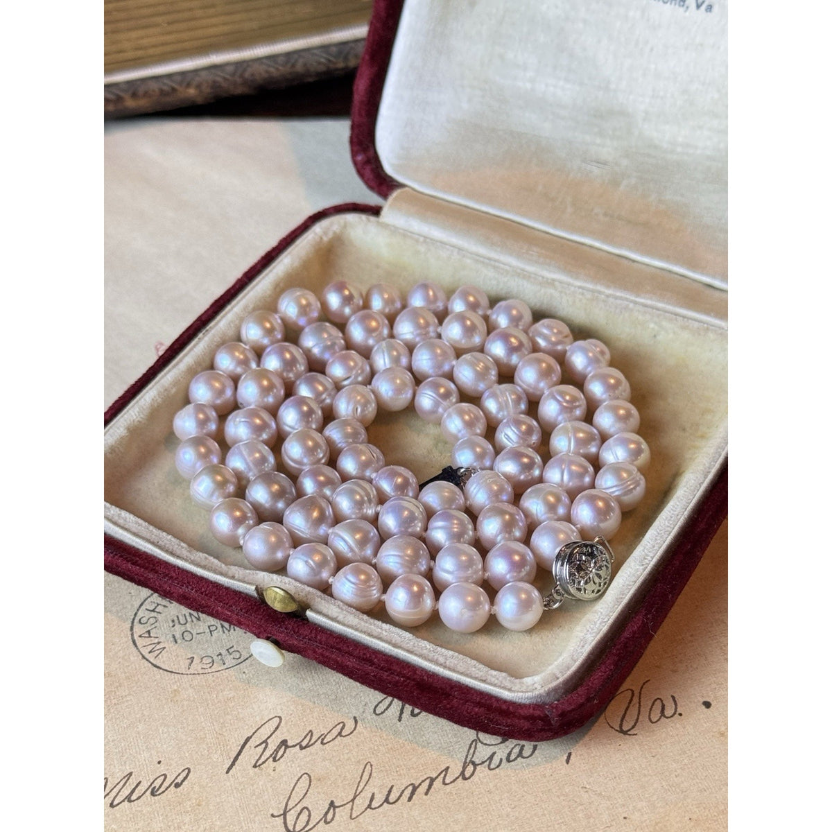 Pink Cultured Pearl Necklace 7mm Knotted Filigree Clasp 24”