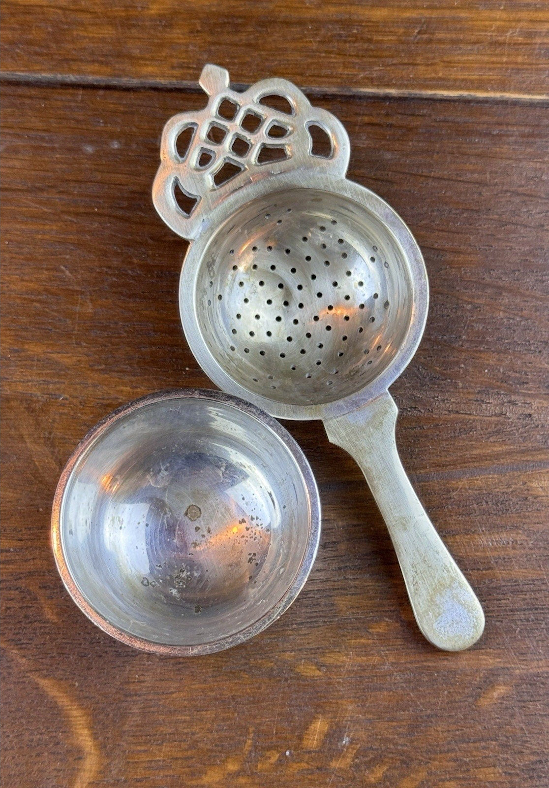 Vintage Silverplate Tea Strainer With Stand 9” Pierced Crown Handle Shabby Chic