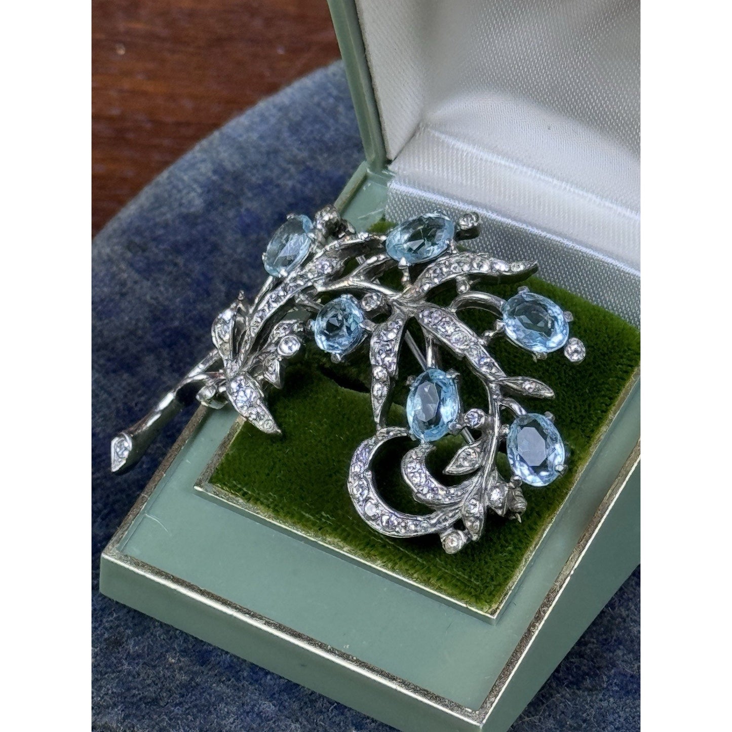 Vintage Trifari Sterling Brooch Aqua Blue Clear Rhinestone Floral Spray 2”