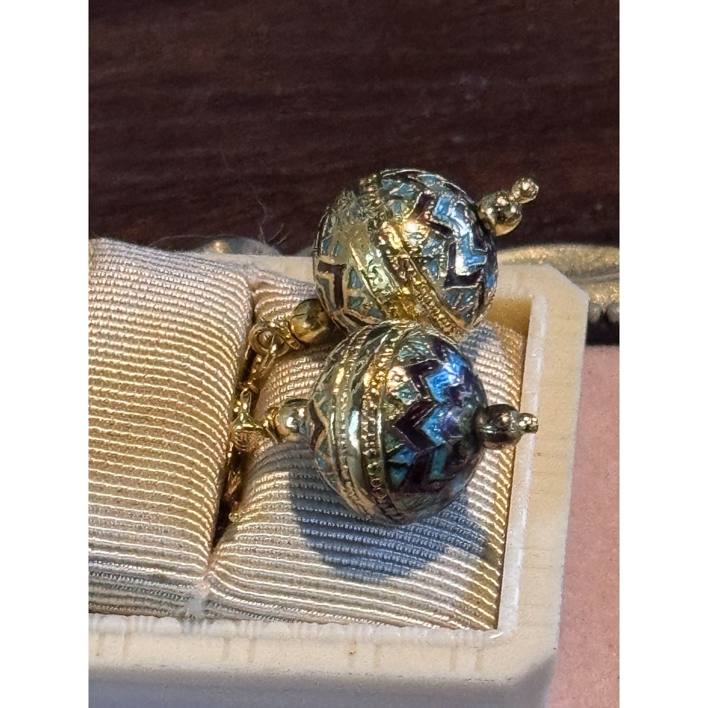 Vintage 925 Sterling Vermeil Enamel Ball Drop Earrings Turquoise Brown 1”
