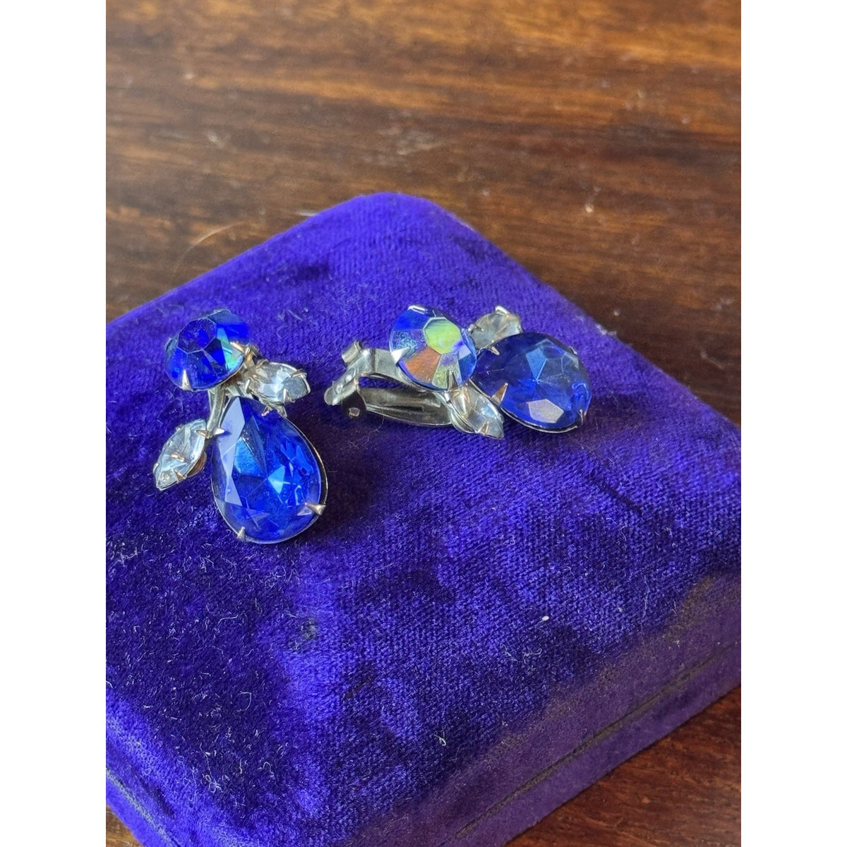Silvertone Earrings Beau Jewels Blue Rhinestone AB Clip On Vintage 1.25” x .75”
