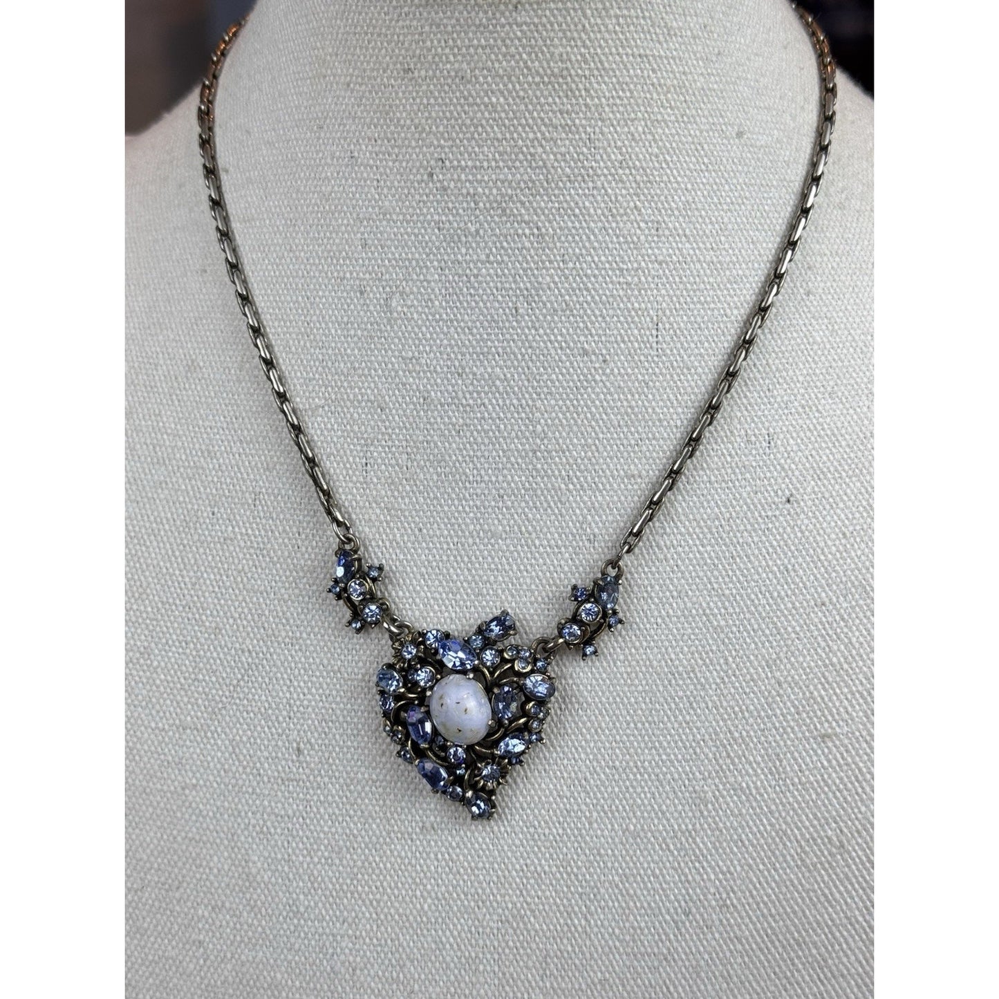Vintage Hollycraft Necklace 1951 Blue Rhinestone Heart Easter Egg Silvertone 16”